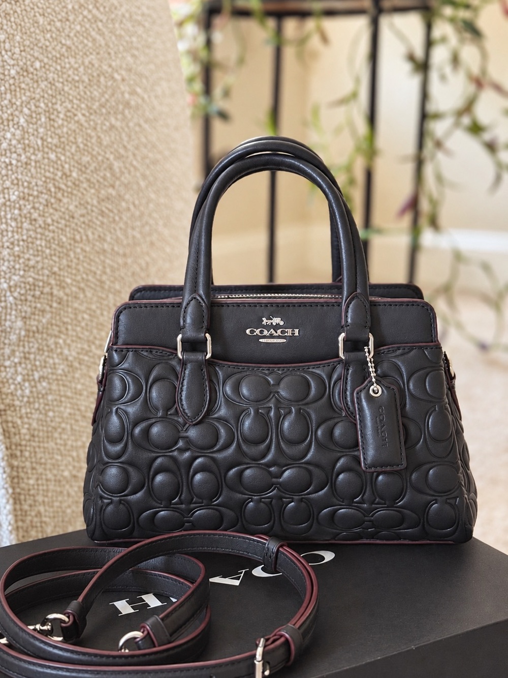 Coach Mini Darcie Carryall Black Leather Satchel with Burgundy Trim